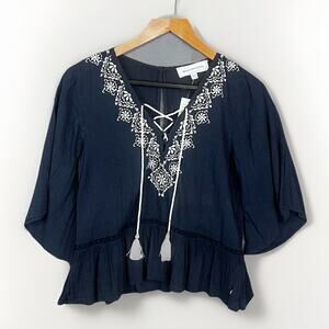 Abercrombie & Fitch Peasant Top Womens XS Blue Lace-Up V Neck Boho Gauze Crochet